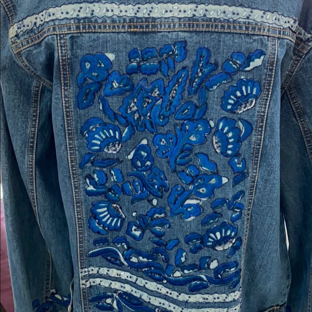 Chico’s Embroidered Patchwork Denim Jacket Euc - image 3